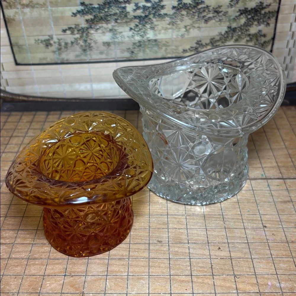 Large Clear and Small Topaz Fenton Hat Daisy Button Glass Vases